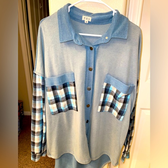 POL Blue Plaid Button Up Shacket Jacket size Small - Picture 1 of 4